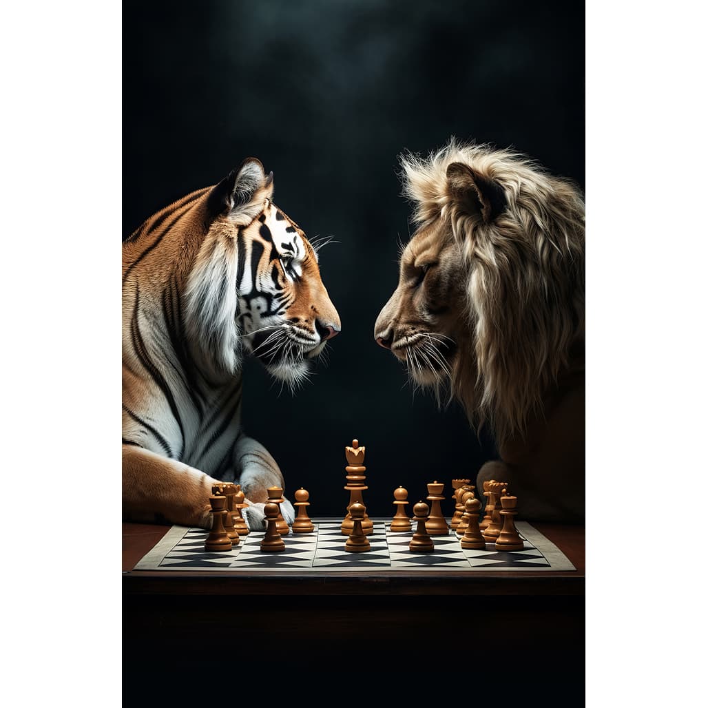 Quadro Decorativo Leão e tigre jogando Xadrez