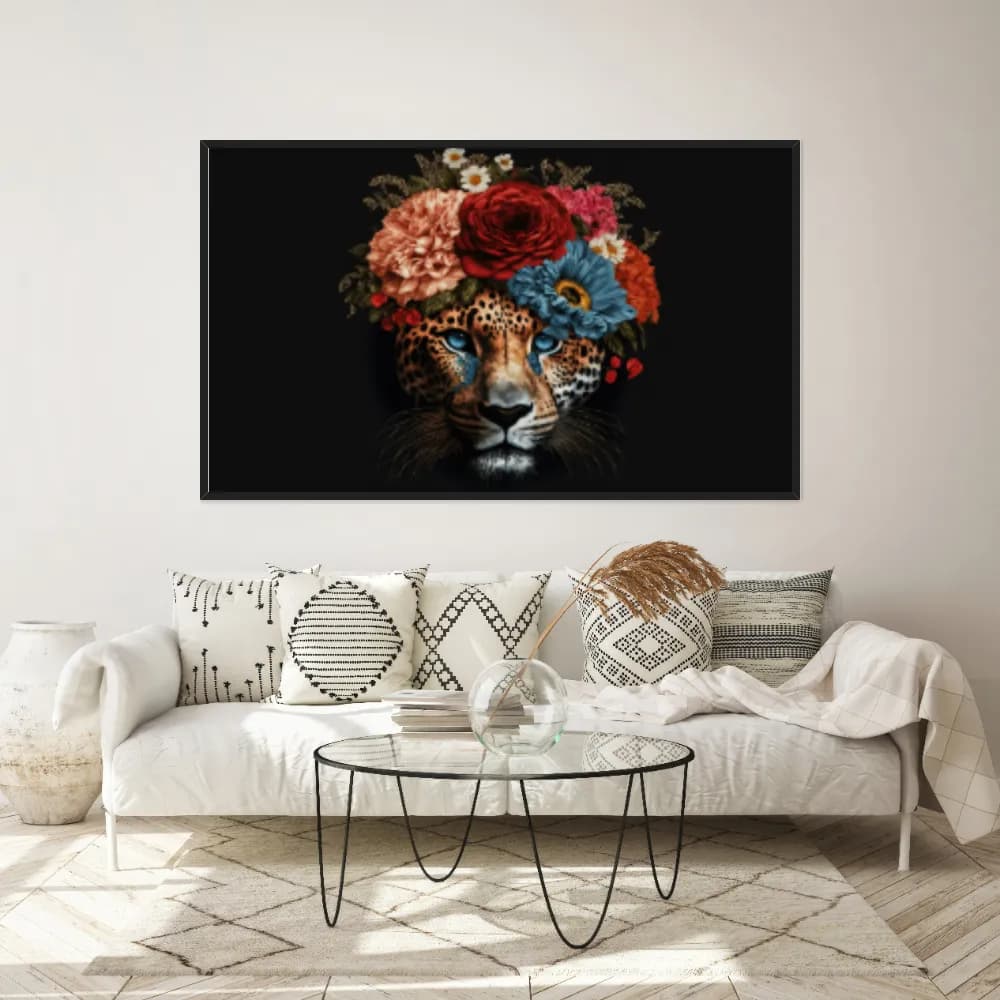 Quadro Decorativo Leopardo Com Coroa De Flores