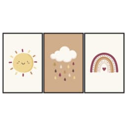 Kit Quadros Decorativos Nuvem Sol E Arco Íris