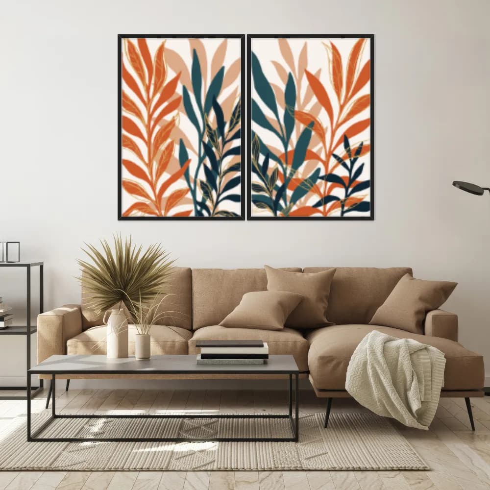 Kit Quadros Decorativos Folhas Laranja E Azul