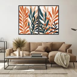 Kit Quadros Decorativos Folhas Laranja E Azul
