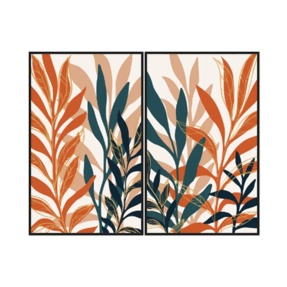 Kit Quadros Decorativos Folhas Laranja E Azul