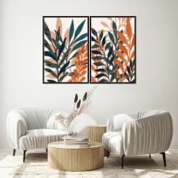 Kit Quadros Decorativos Folhas Laranja E Azul