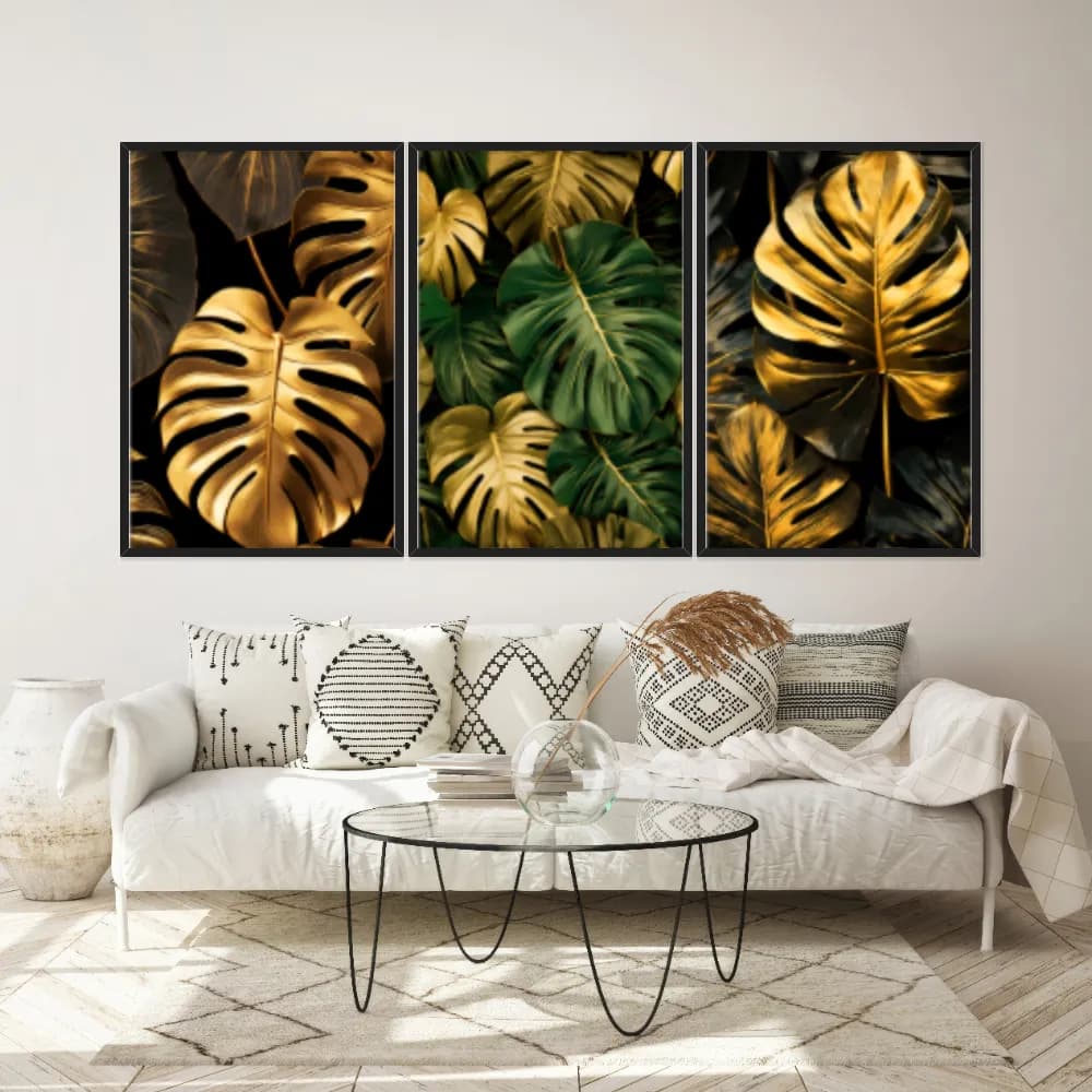 Kit Quadros Decorativos Costela De Adão Dourada
