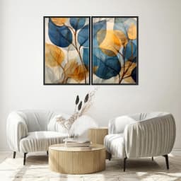 Kit Quadros Decorativos Folhas Amarelo E Azul