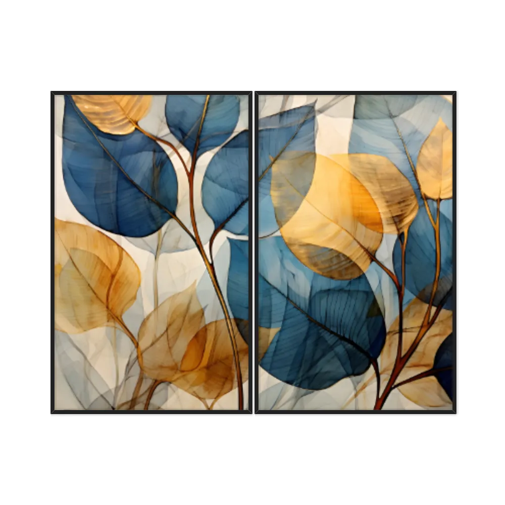 Kit Quadros Decorativos Folhas Amarelo E Azul