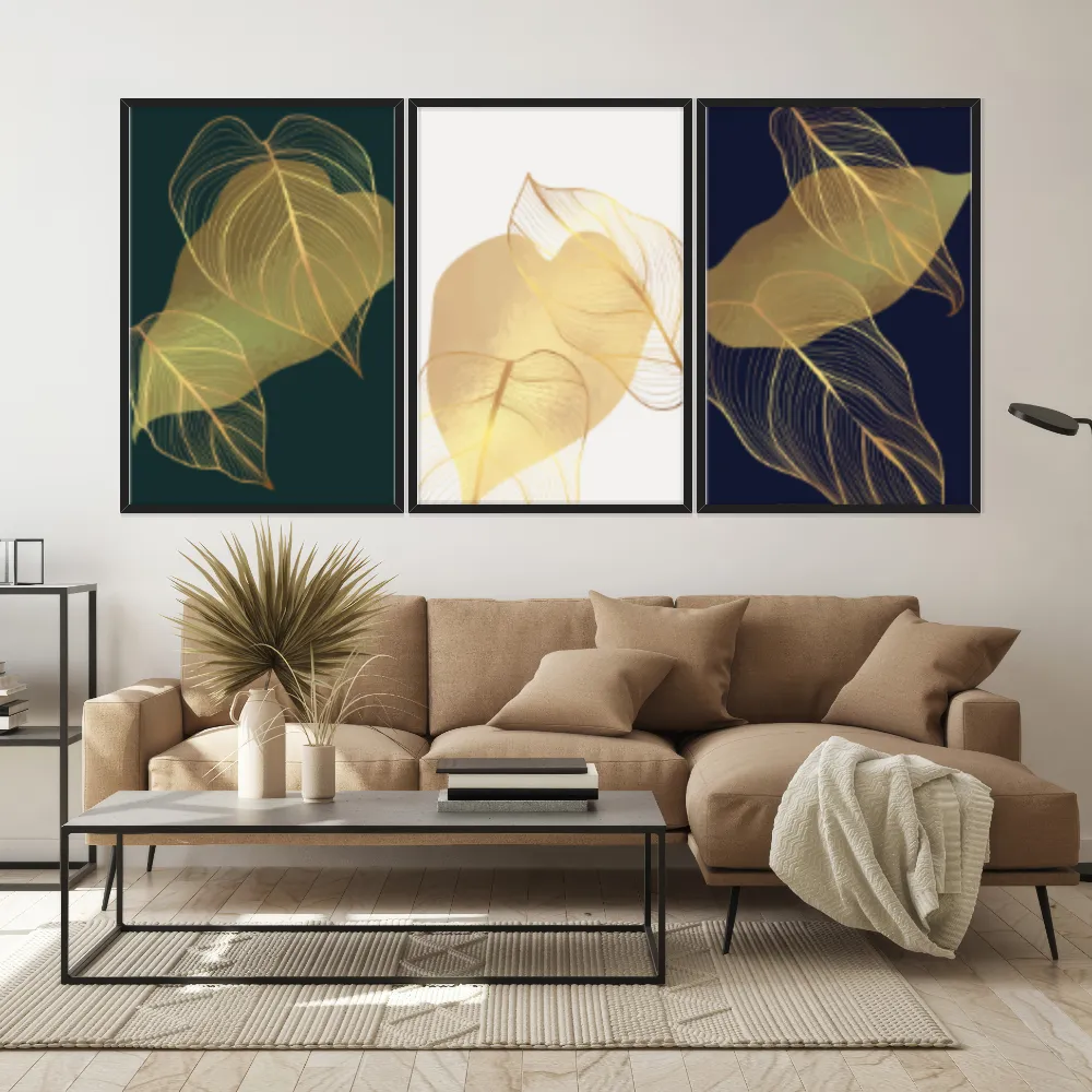 Kit Quadros Decorativos Planta Dourada