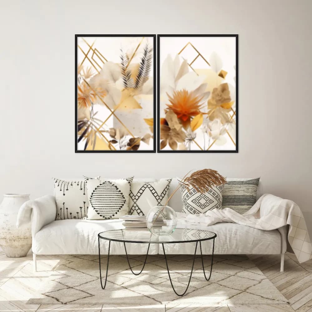 Kit Quadros Decorativos Flor Dourada