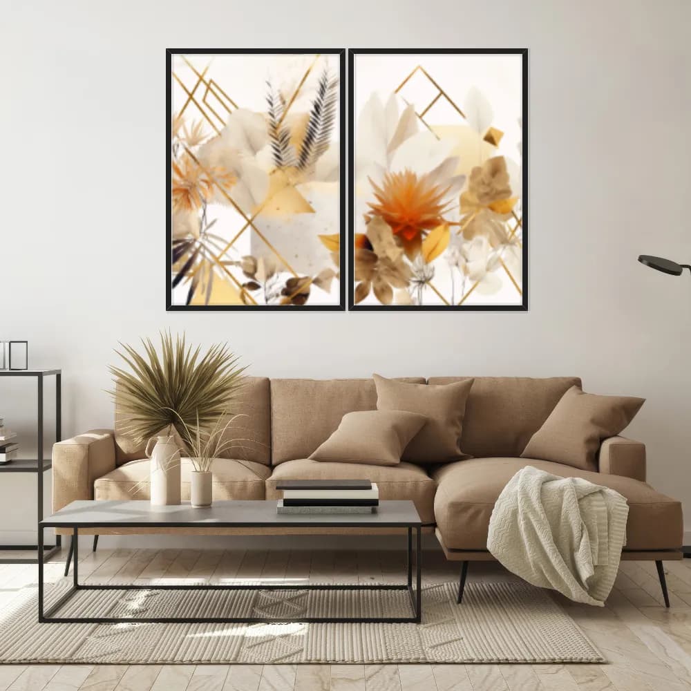 Kit Quadros Decorativos Flor Dourada
