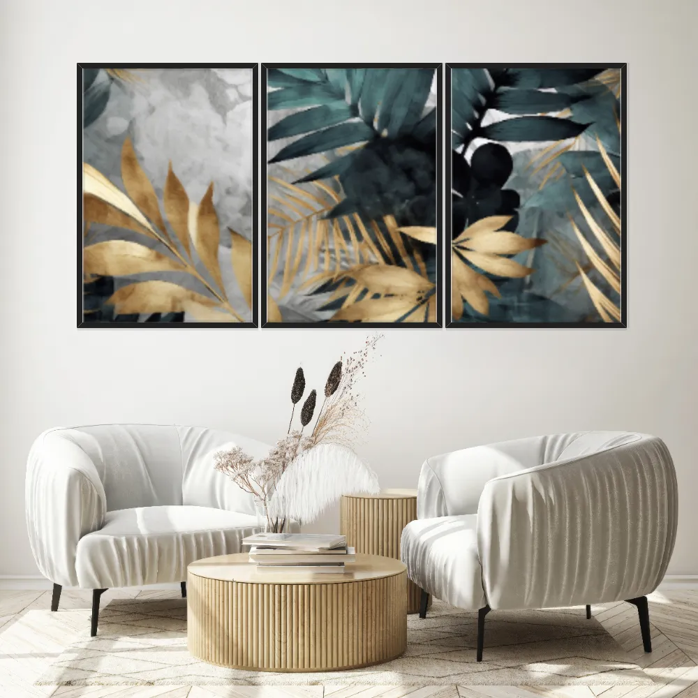 Kit Quadros Decorativos Planta Dourada