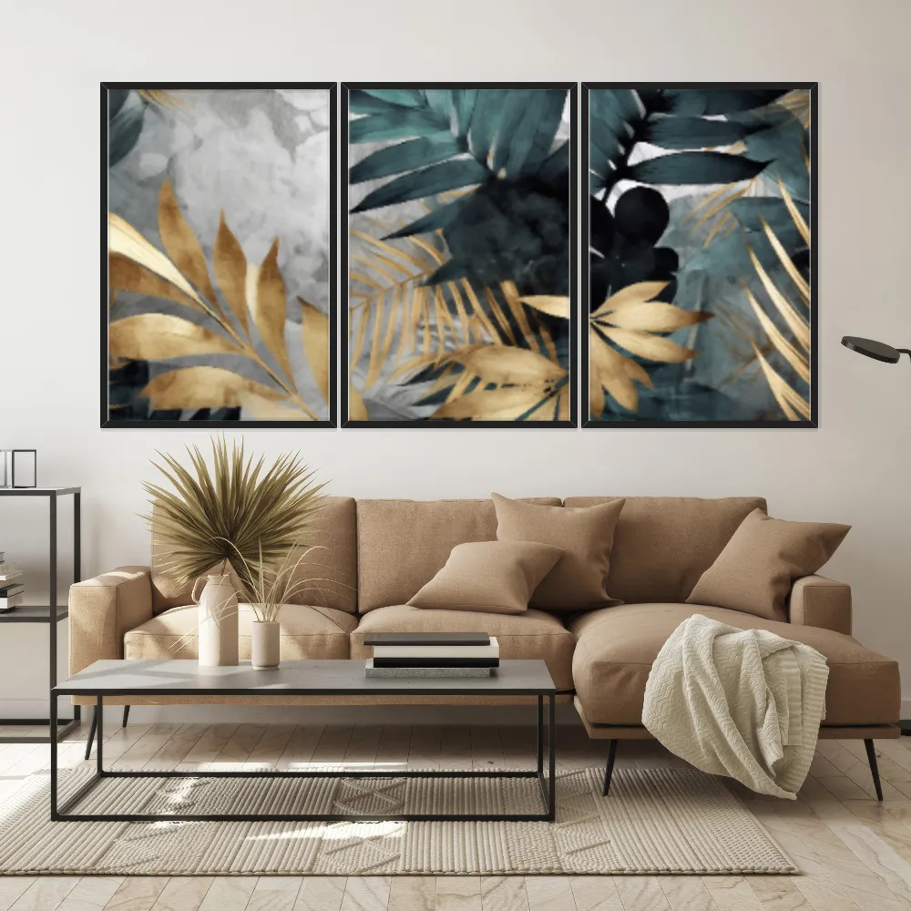 Kit Quadros Decorativos Planta Dourada