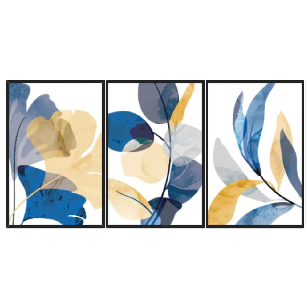 Kit Quadros Decorativos Folhas Amarela E Azul
