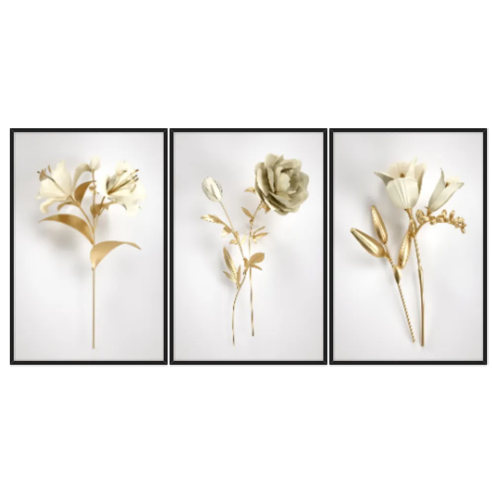 Kit Quadros Decorativos Flor Dourada