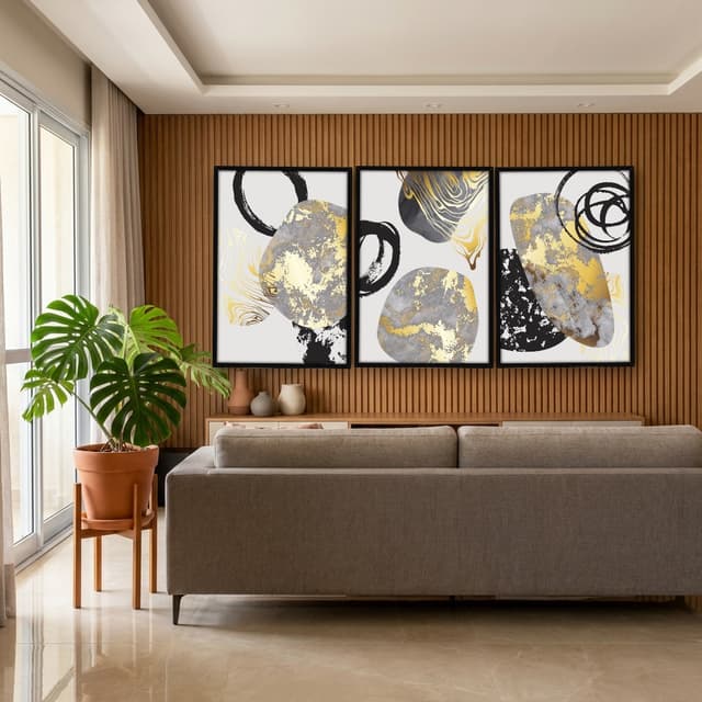 Kit Quadros Decorativos Abstrato Dourado