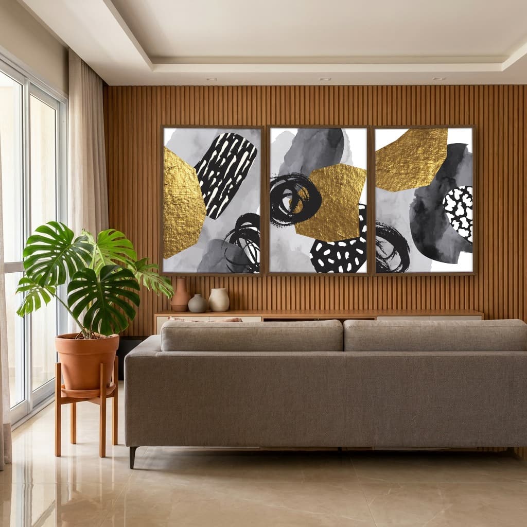 Kit Quadros Decorativos Abstrato Dourado