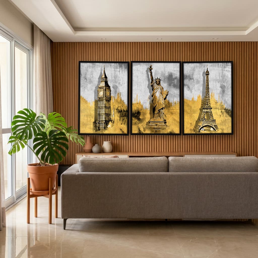 Kit Quadros Decorativos Pintura Dourada Paris Londres E Nova York