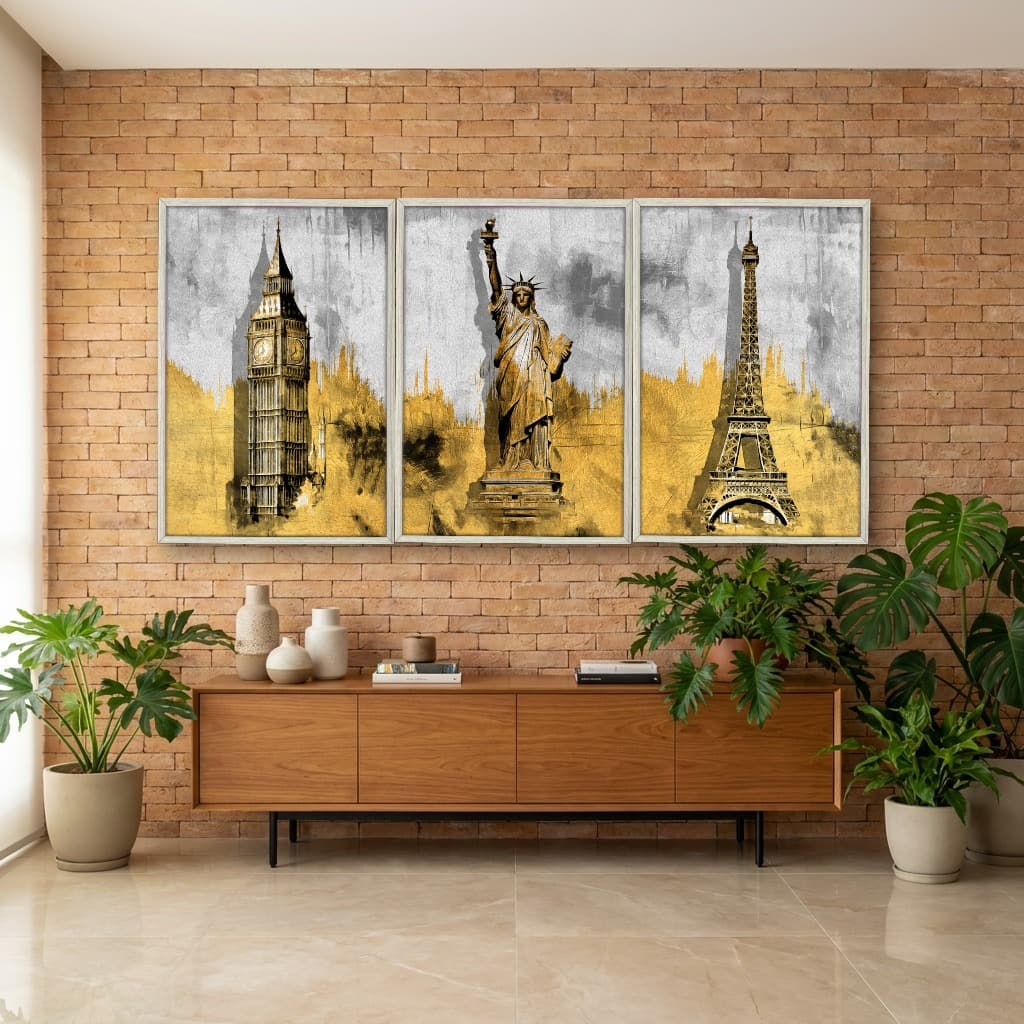 Kit Quadros Decorativos Pintura Dourada Paris Londres E Nova York