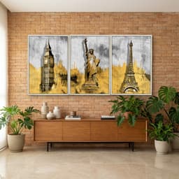 Kit Quadros Decorativos Pintura Dourada Paris Londres E Nova York