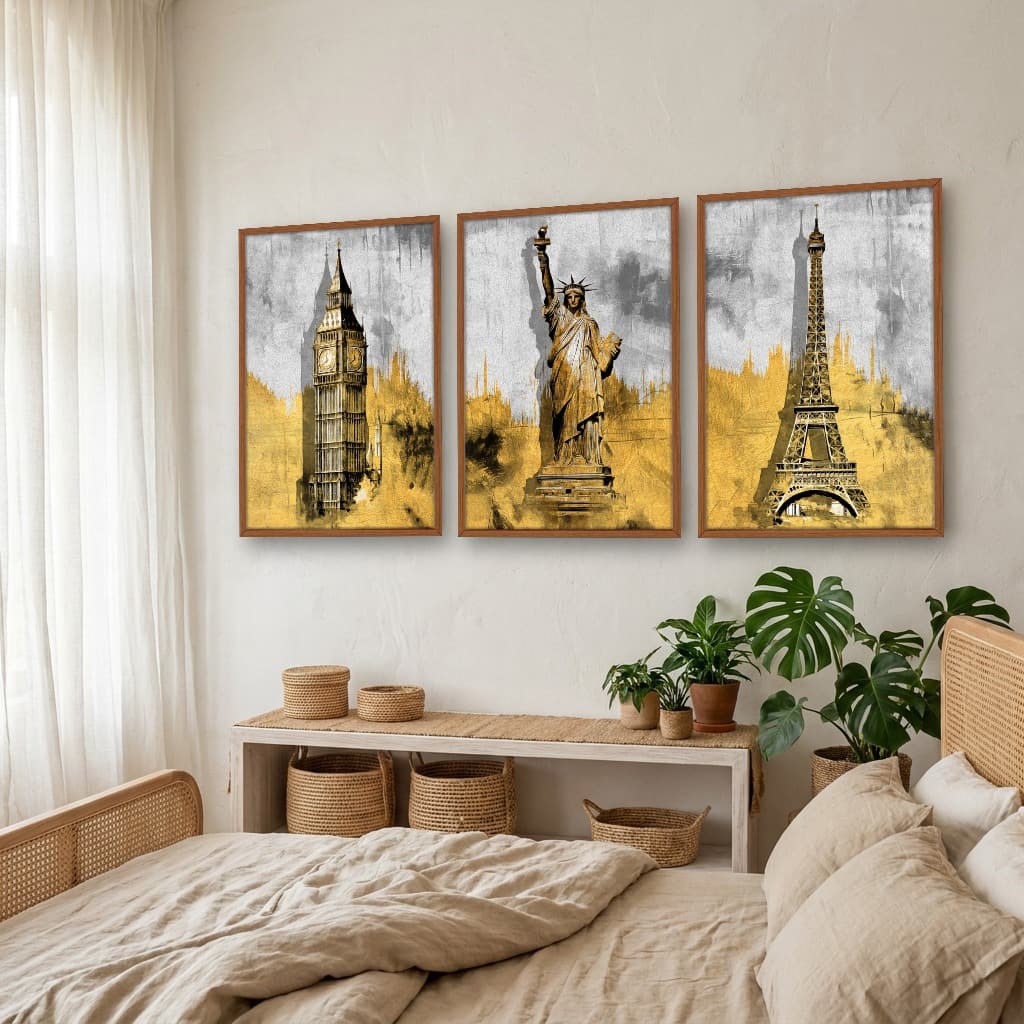 Kit Quadros Decorativos Pintura Dourada Paris Londres E Nova York