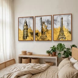 Kit Quadros Decorativos Pintura Dourada Paris Londres E Nova York