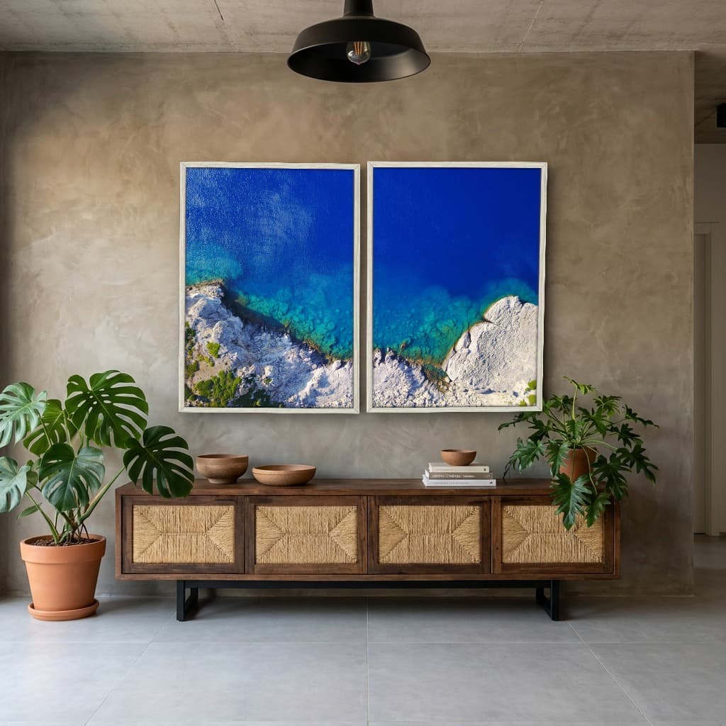 Kit Quadros Decorativos Mar Azul Com Montanha