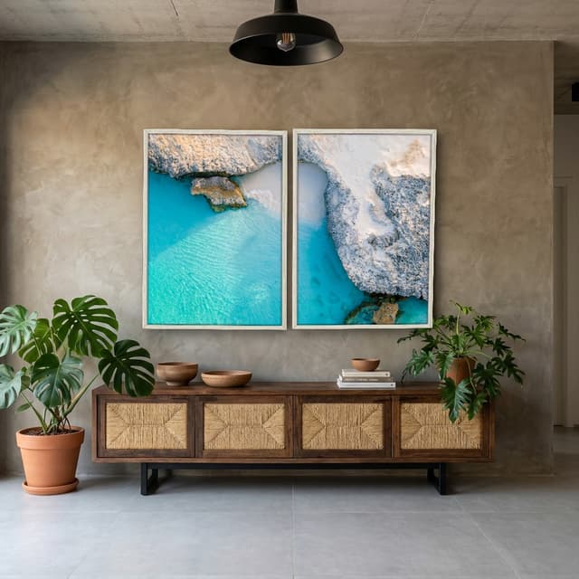 Kit Quadros Decorativos Mar Azul Com Montanhas