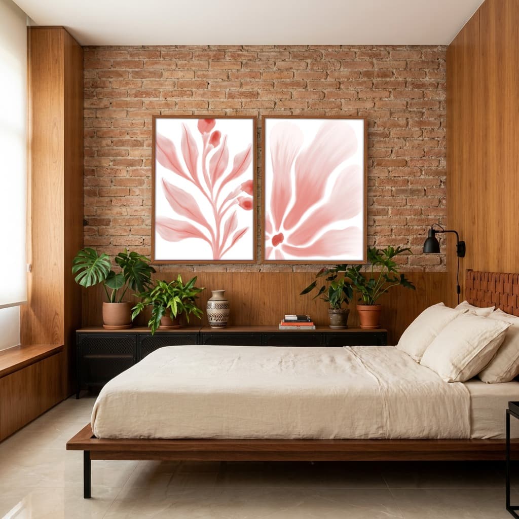 Kit Quadros Decorativos Folhas Rosa