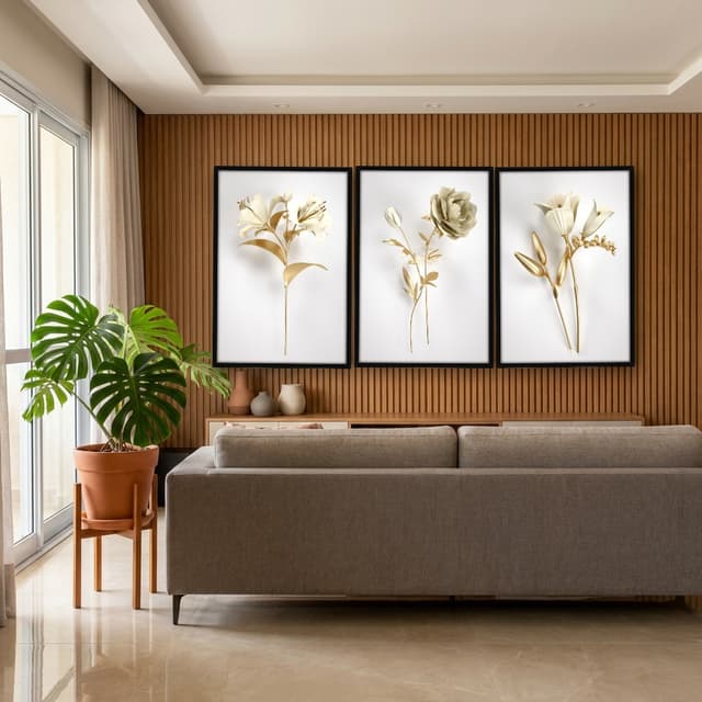 Kit Quadros Decorativos Flor Dourada