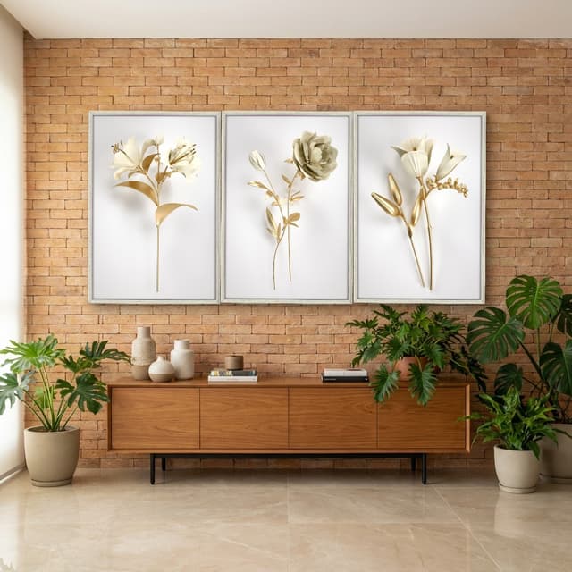 Kit Quadros Decorativos Flor Dourada