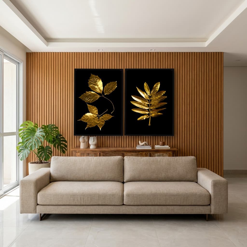 Kit Quadros Decorativos Planta Dourada