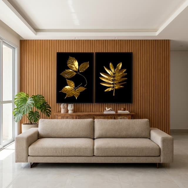 Kit Quadros Decorativos Planta Dourada