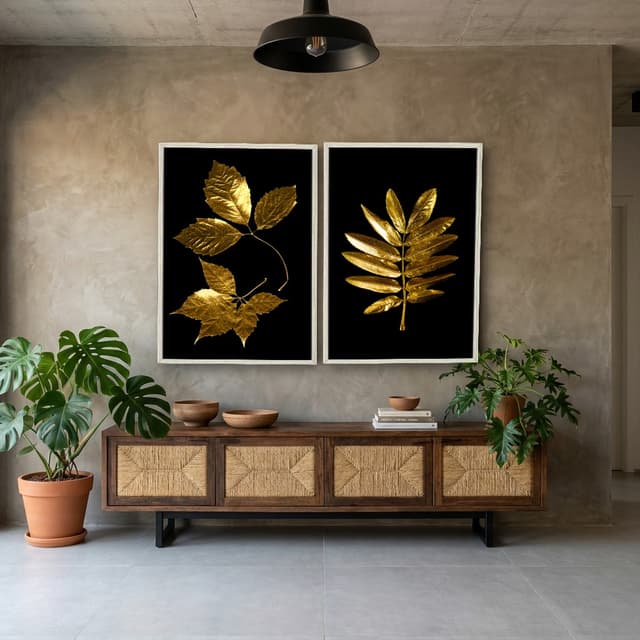Kit Quadros Decorativos Planta Dourada