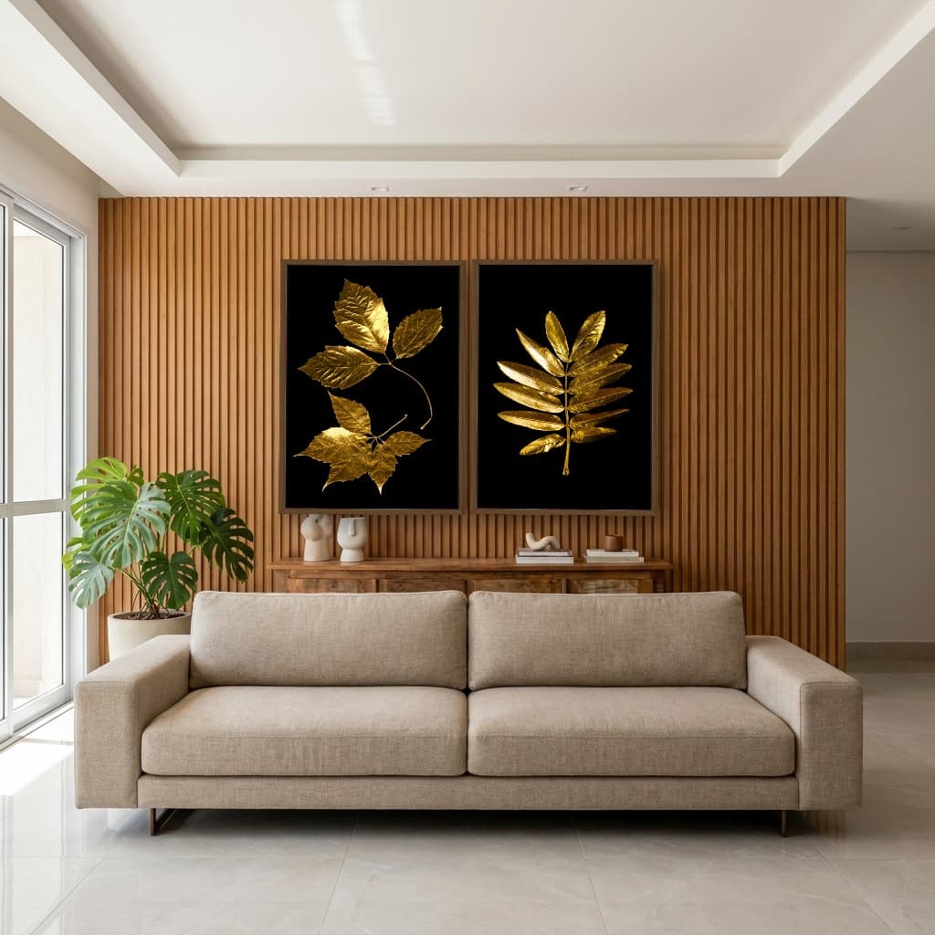 Kit Quadros Decorativos Planta Dourada