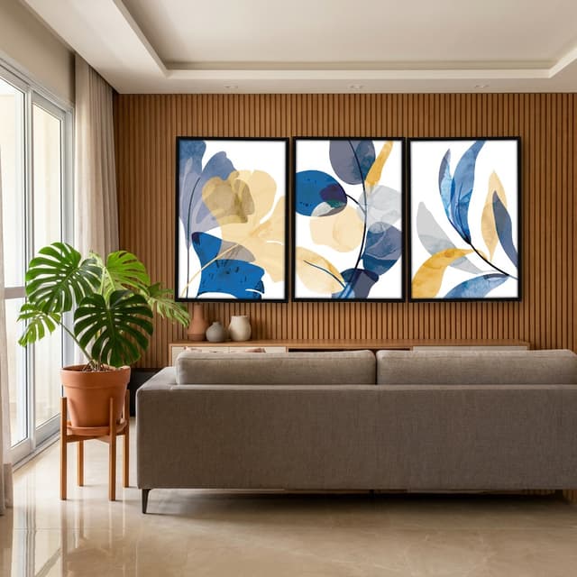 Kit Quadros Decorativos Folhas Amarela E Azul