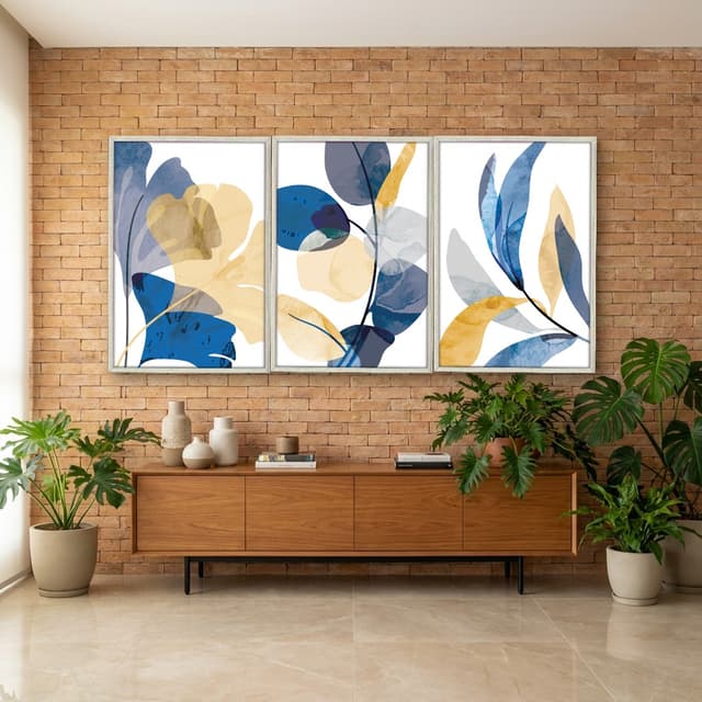 Kit Quadros Decorativos Folhas Amarela E Azul