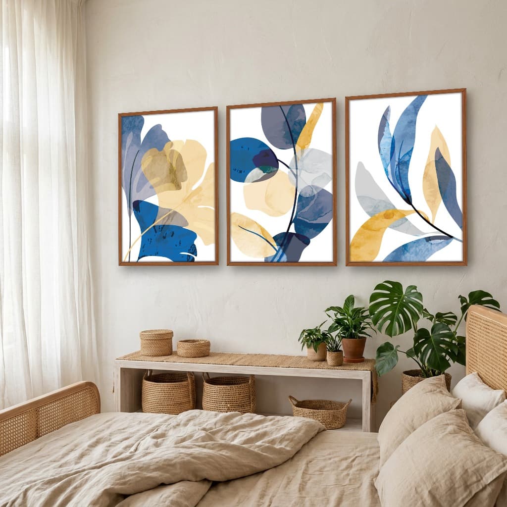 Kit Quadros Decorativos Folhas Amarela E Azul