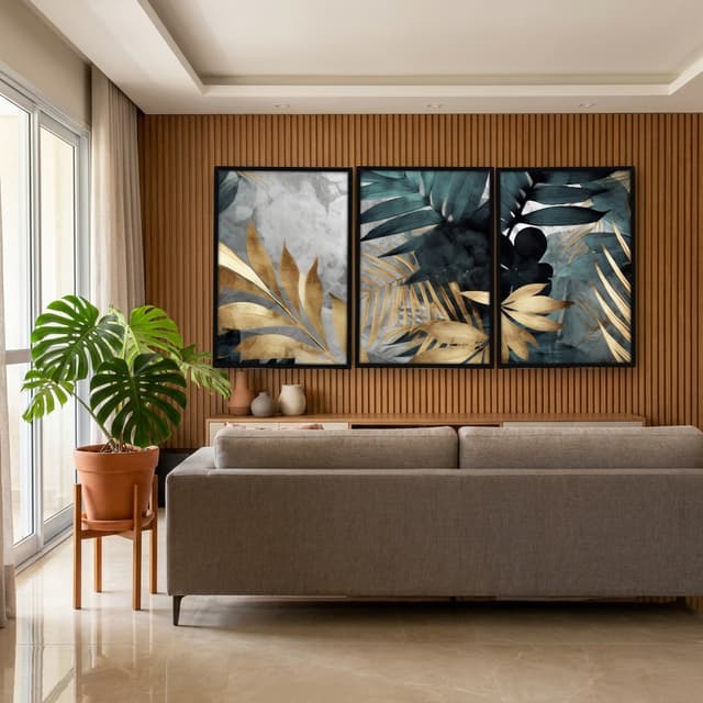 Kit Quadros Decorativos Planta Dourada