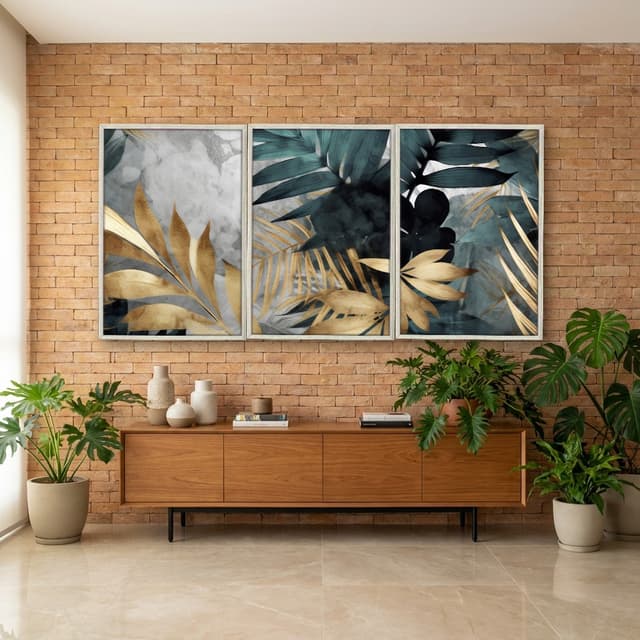 Kit Quadros Decorativos Planta Dourada