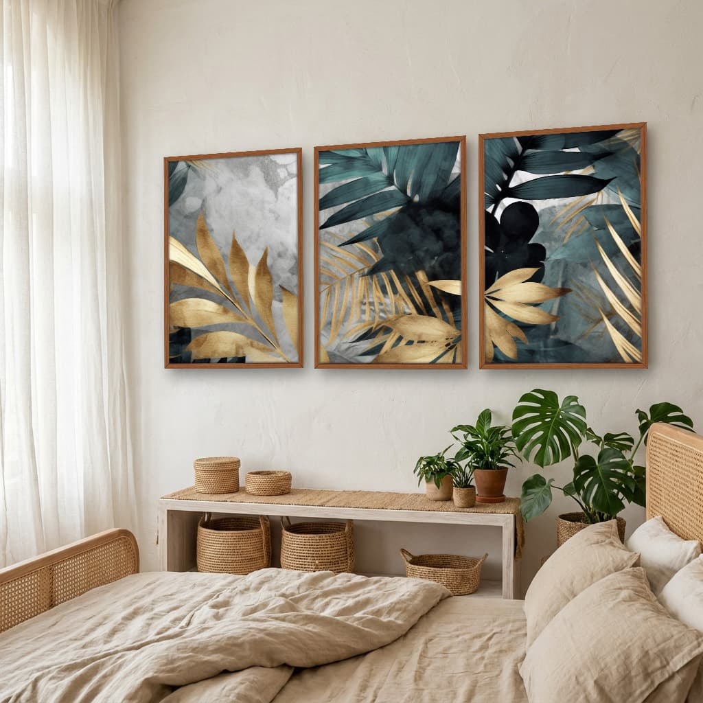 Kit Quadros Decorativos Planta Dourada