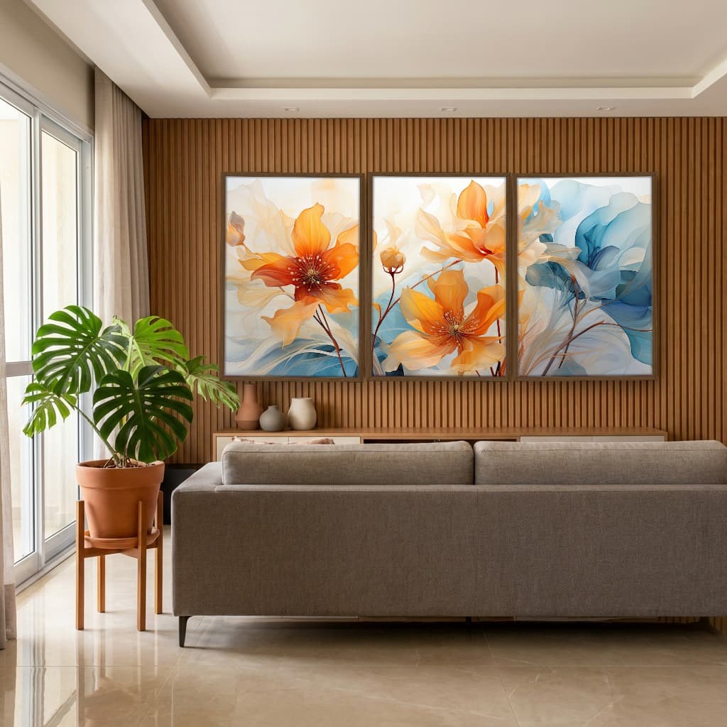 Kit Quadros Decorativos Flor Laranja