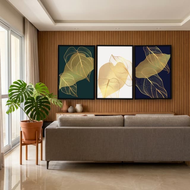 Kit Quadros Decorativos Planta Dourada