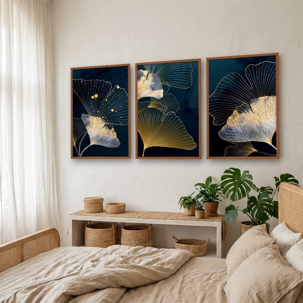 Kit Quadros Decorativos Flor Dourada