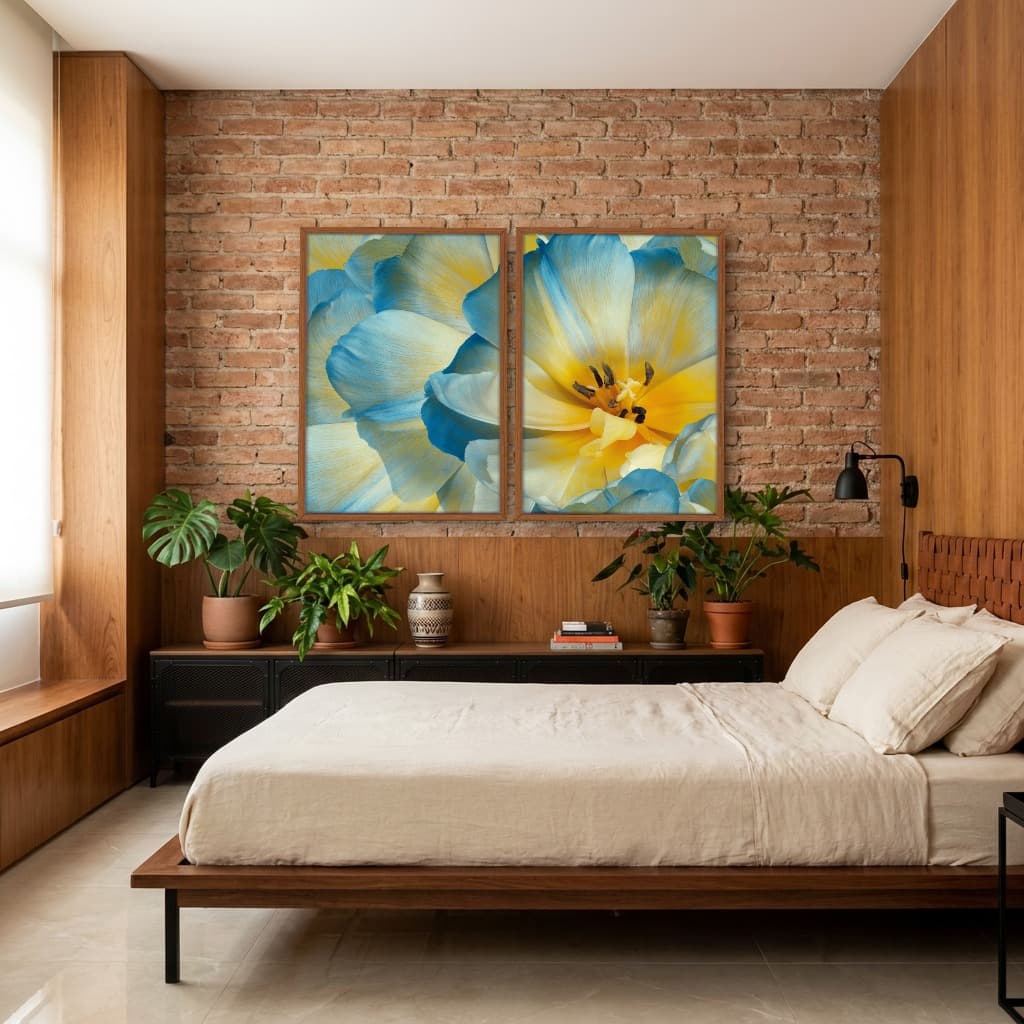 Kit Quadros Decorativos Flora Amarela E Azul