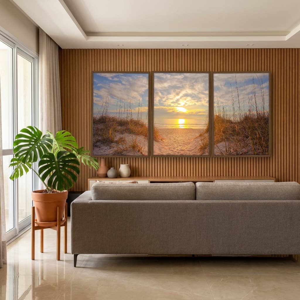 Kit Quadros Decorativos Mar Com Pôr Do Sol