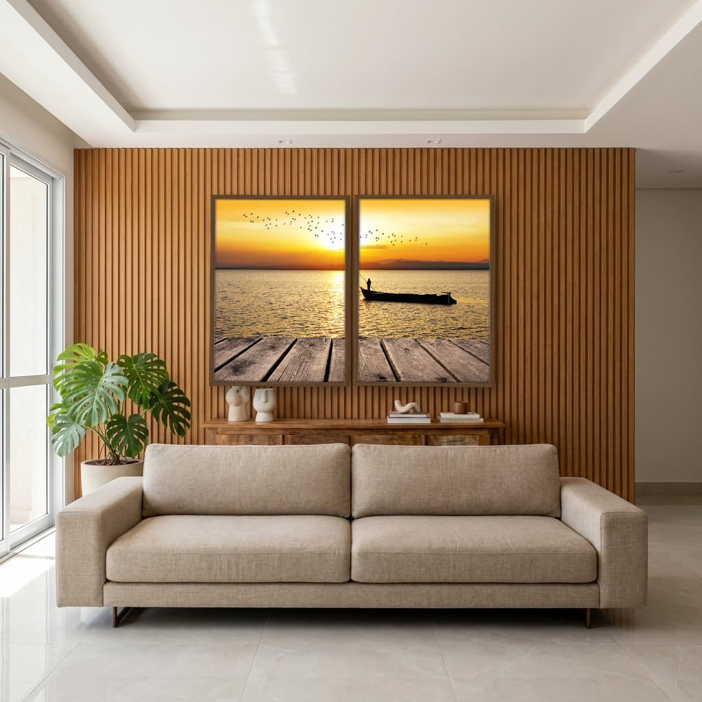 Kit Quadros Decorativos Pássaros Com Pôr Do Sol