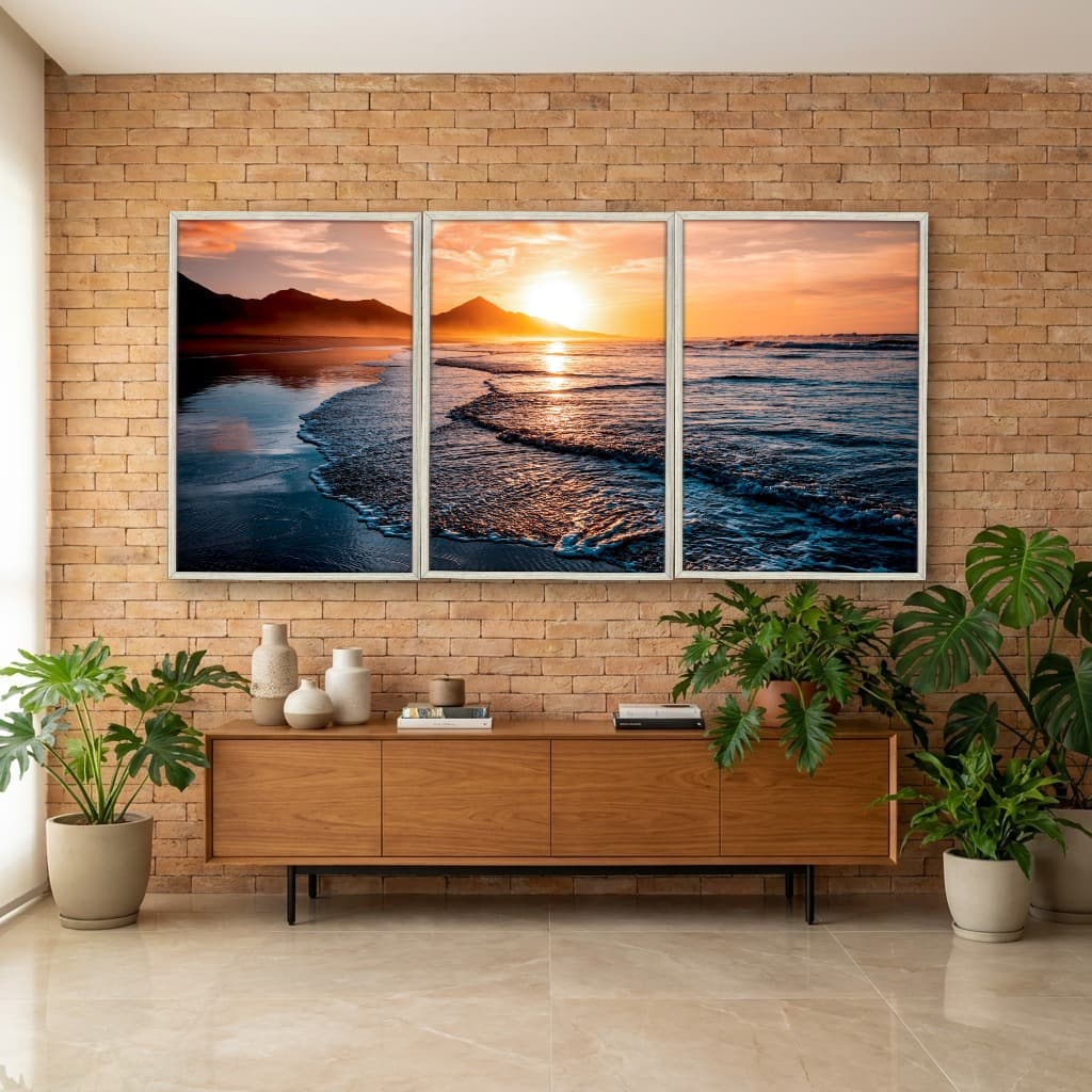 Kit Quadros Decorativos Mar Com Pôr Do Sol