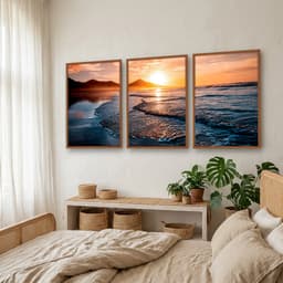 Kit Quadros Decorativos Mar Com Pôr Do Sol