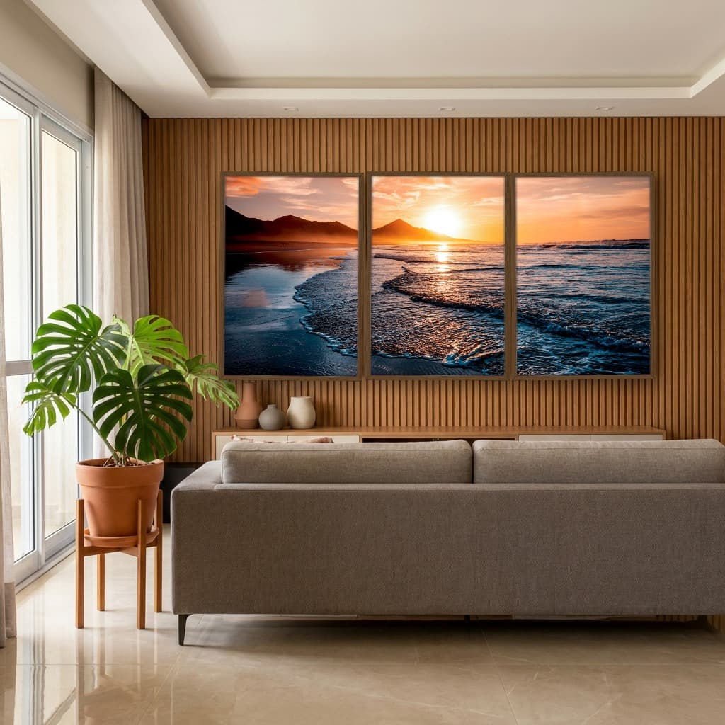 Kit Quadros Decorativos Mar Com Pôr Do Sol