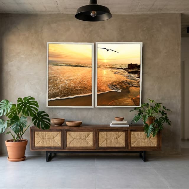 Kit Quadros Decorativos Mar Com Pôr Do Sol