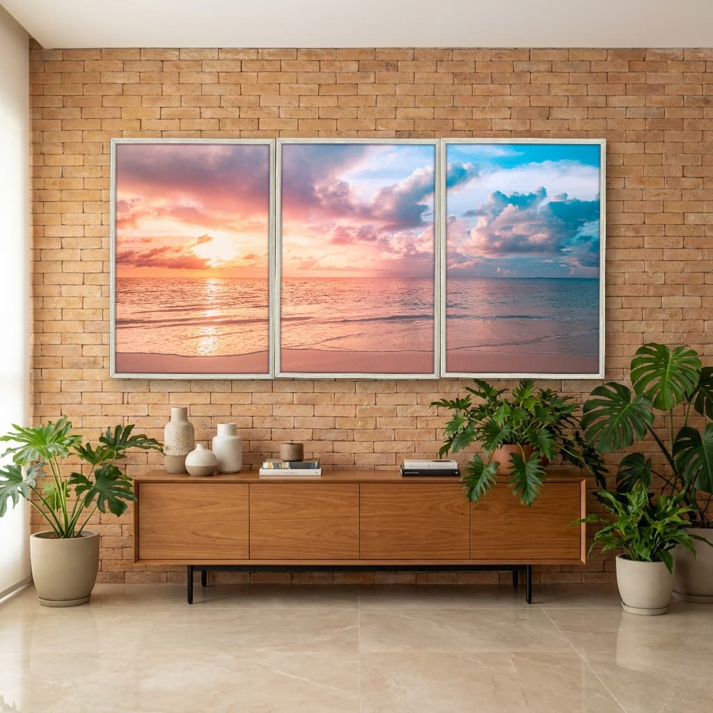 Kit Quadros Decorativos Mar Com Pôr Do Sol